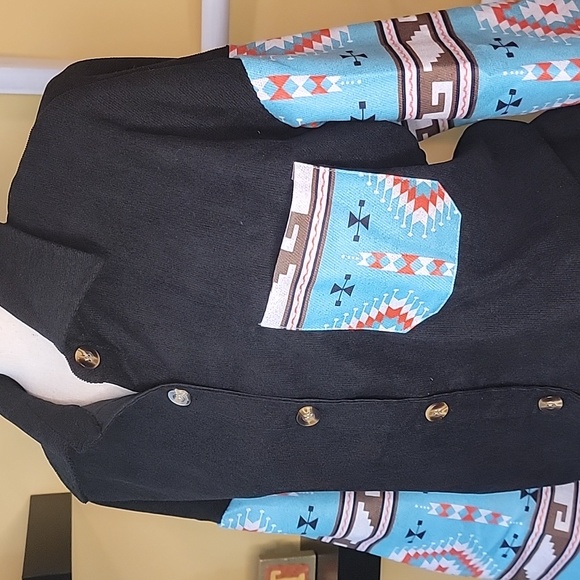 Aztec button down, teal, black long sleeve, shacket - Picture 3 of 8